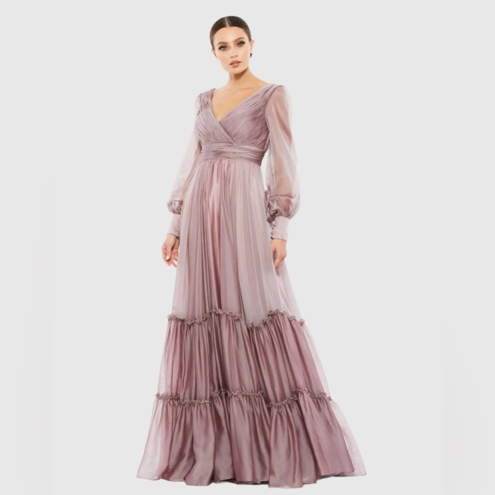 NEW WITH TAGS ~ Mac Duggal Purple Faux Wrap Illusion Bishop Sleeve Tiered Gown